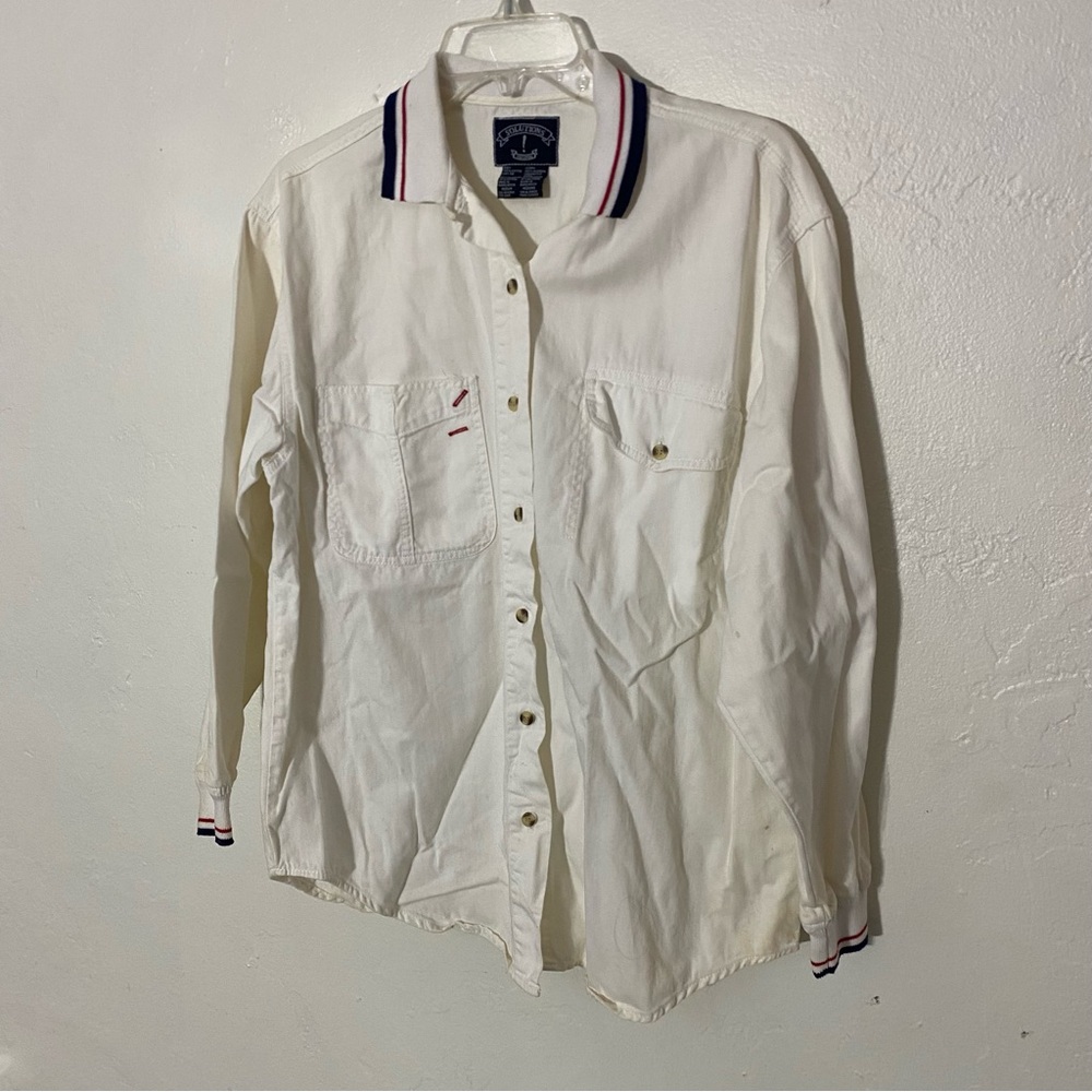 Vintage Unique Utility Button Up Shirt with Blue / Red Details 100% Cotton flaws